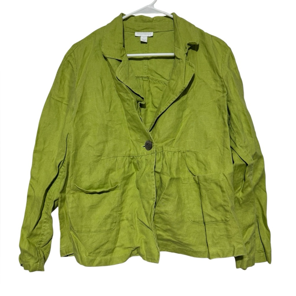 Charter Club 100% Linen Blazer Jacket Women Size‎ L Lime Chartreuse Green Spring